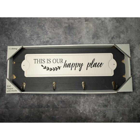 True Living "This Is Our Happy Place" Home Wall Plaque 4 Hooks Coat Rack Hats - Picture 1 of 6